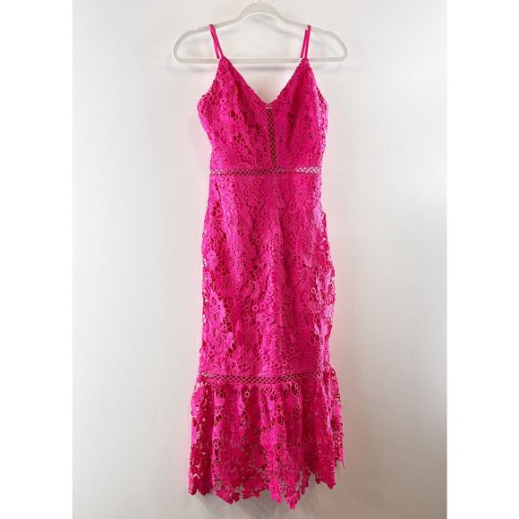 Lulus Taliah Sleeveless Floral Lace Crochet Trim Midi Trumpet Dress Hot Pink S - Picture 6 of 8